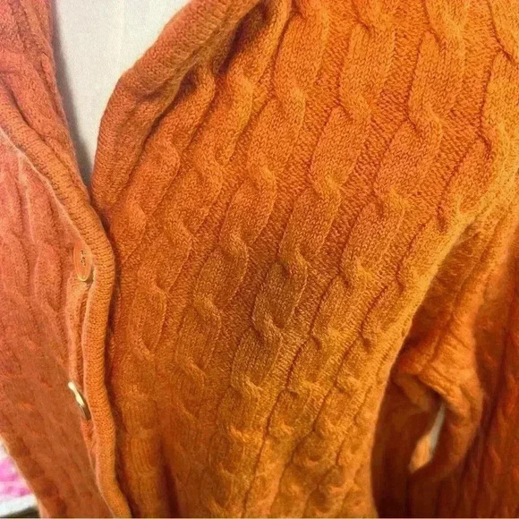 Talbots Cardigan Orange Merino Wool Cable Pattern Sweater Petite Medium - Picture 8 of 15